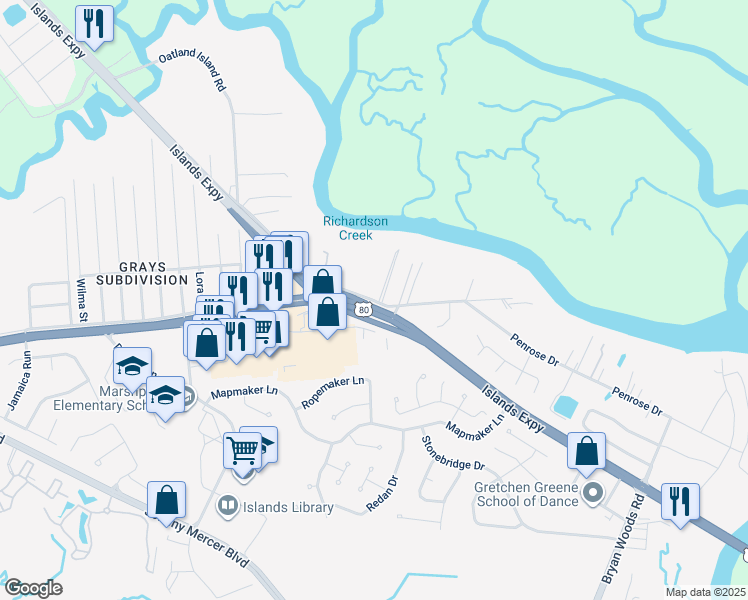 map of restaurants, bars, coffee shops, grocery stores, and more near 7 Penrose Drive in Savannah