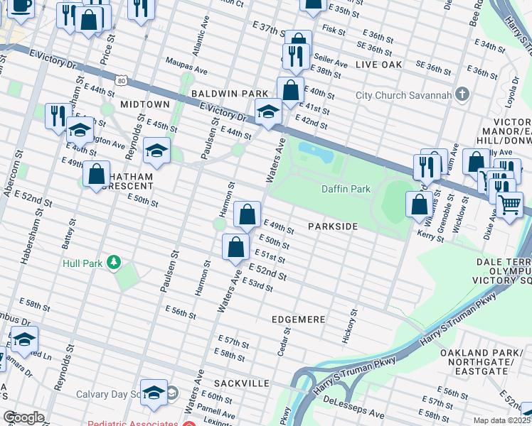 map of restaurants, bars, coffee shops, grocery stores, and more near 734 East 48th Street in Savannah