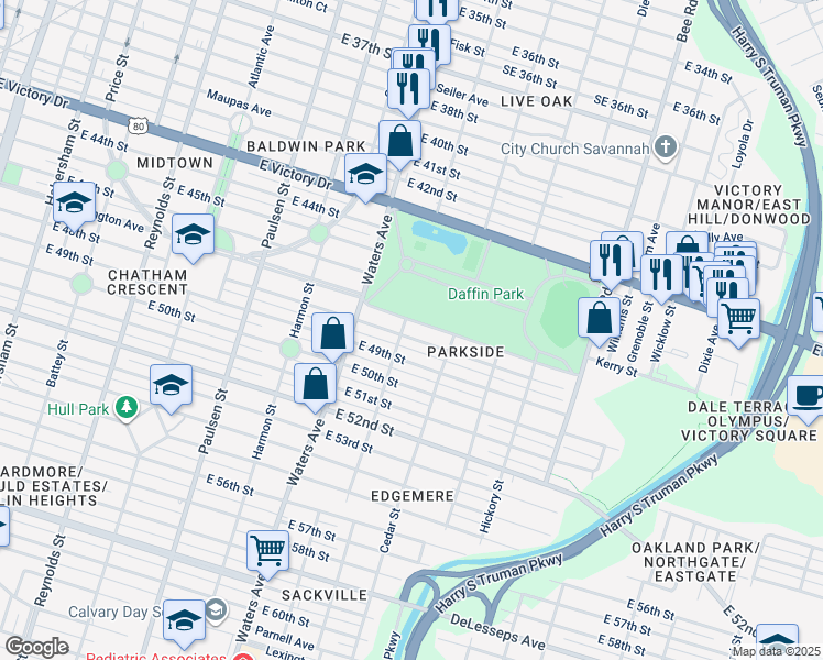 map of restaurants, bars, coffee shops, grocery stores, and more near 1211 Washington Avenue in Savannah