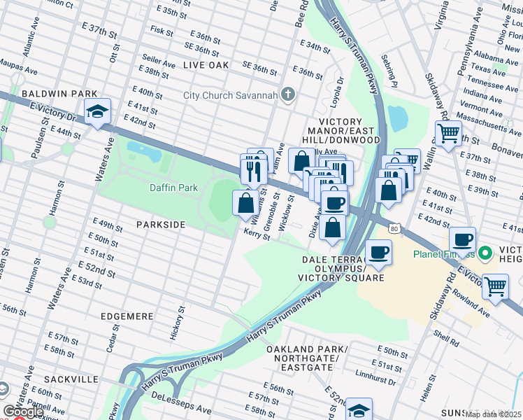 map of restaurants, bars, coffee shops, grocery stores, and more near 2815 Williams Street in Savannah