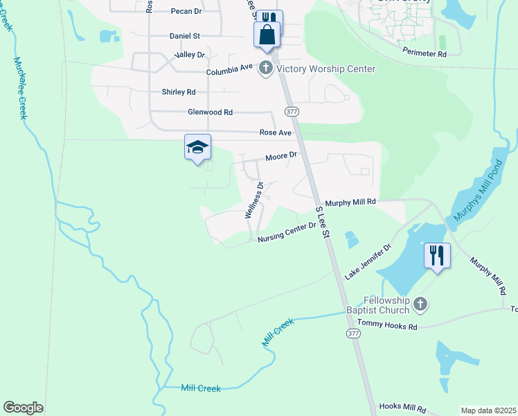 map of restaurants, bars, coffee shops, grocery stores, and more near 1022 Pineywoods Drive in Americus