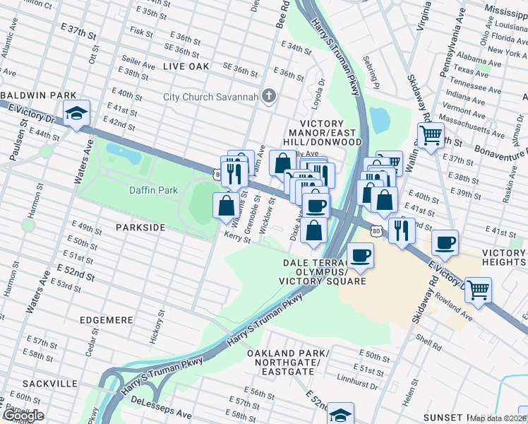 map of restaurants, bars, coffee shops, grocery stores, and more near 1631 East Victory Drive in Savannah