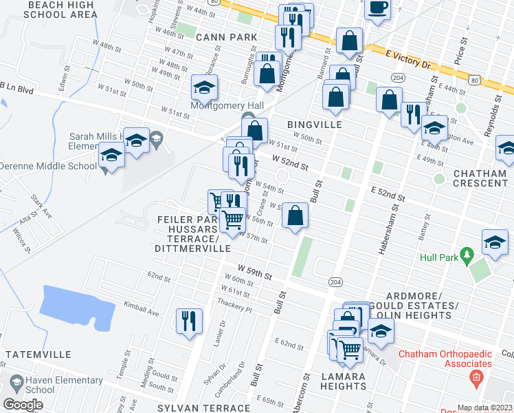 map of restaurants, bars, coffee shops, grocery stores, and more near 122 West 55th Street in Savannah