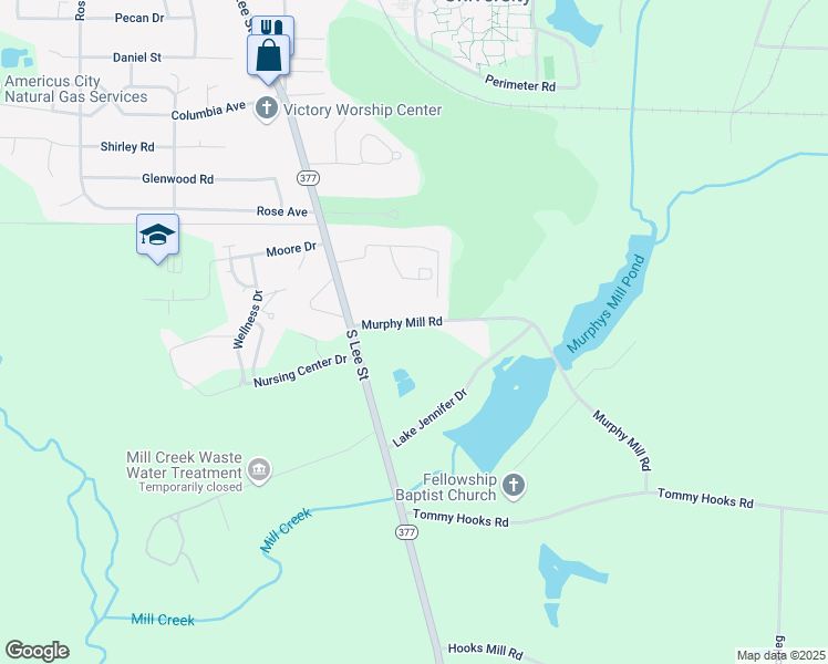 map of restaurants, bars, coffee shops, grocery stores, and more near 225 Murphy Mill Road in Americus