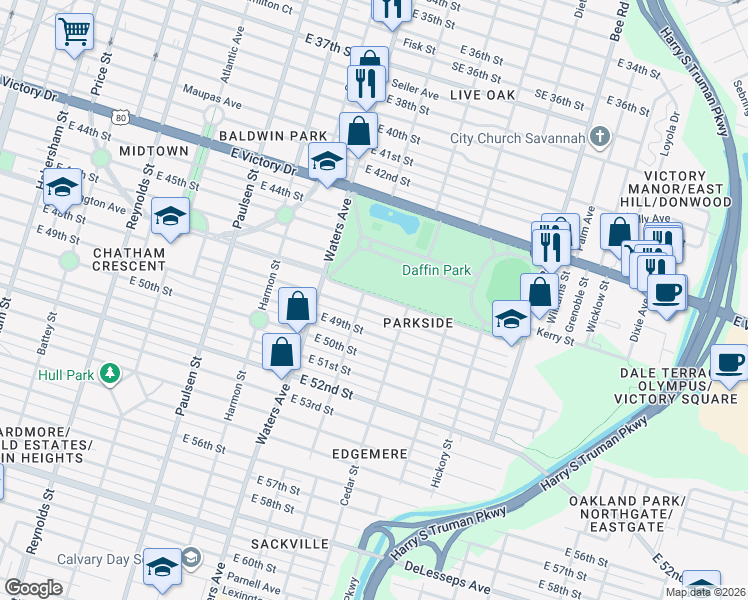 map of restaurants, bars, coffee shops, grocery stores, and more near 1211 Washington Avenue in Savannah