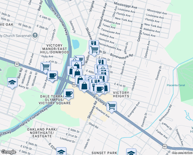 map of restaurants, bars, coffee shops, grocery stores, and more near 2053 East 40th Street in Savannah