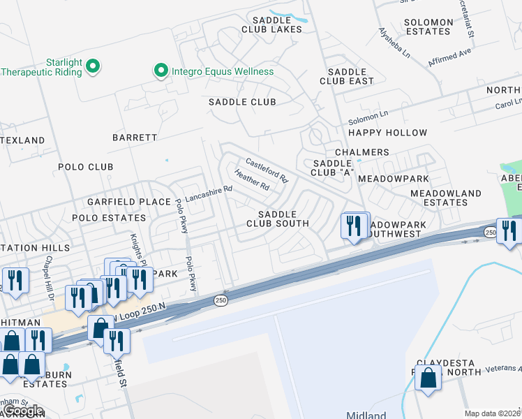map of restaurants, bars, coffee shops, grocery stores, and more near 4900 Lancashire Road in Midland