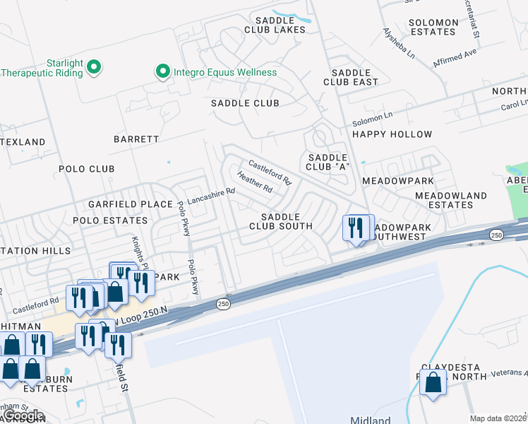 map of restaurants, bars, coffee shops, grocery stores, and more near 4900 Lancashire Road in Midland