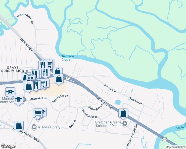 map of restaurants, bars, coffee shops, grocery stores, and more near 45 Penrose Drive in Savannah
