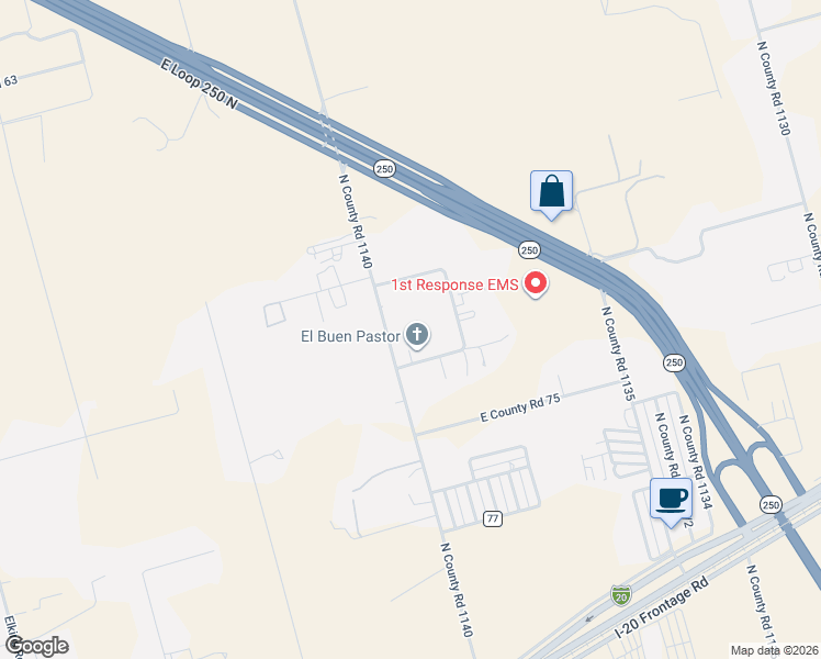 map of restaurants, bars, coffee shops, grocery stores, and more near 2800 North County Road 1140 in Midland