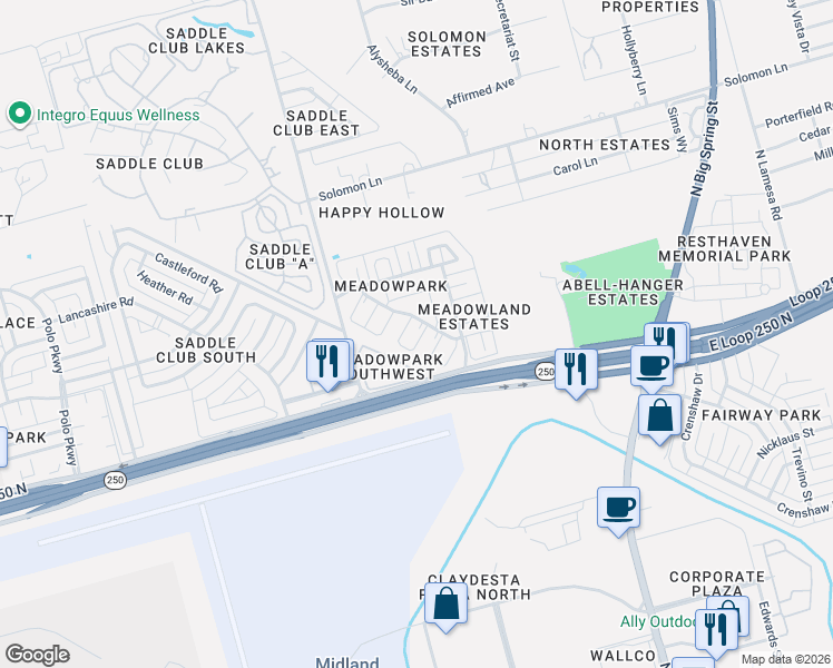 map of restaurants, bars, coffee shops, grocery stores, and more near 4723 Spring Meadow Lane in Midland