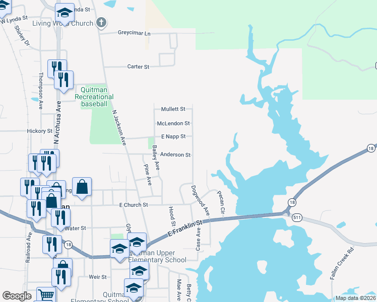 map of restaurants, bars, coffee shops, grocery stores, and more near 242-246 Dogwood Avenue in Quitman