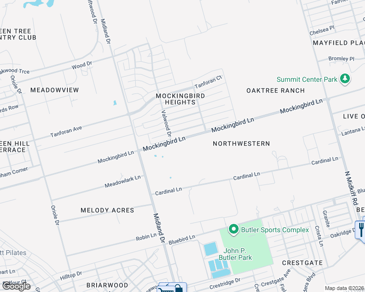 map of restaurants, bars, coffee shops, grocery stores, and more near 4113 Mockingbird Lane in Midland
