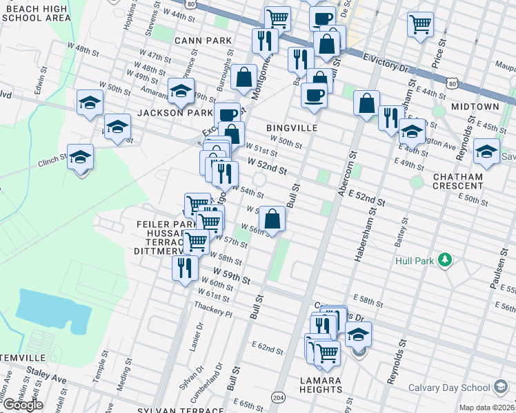 map of restaurants, bars, coffee shops, grocery stores, and more near 21 West 54th Street in Savannah