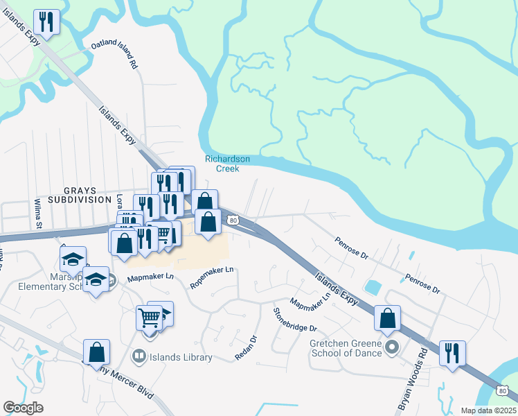 map of restaurants, bars, coffee shops, grocery stores, and more near 7 Penrose Drive in Savannah
