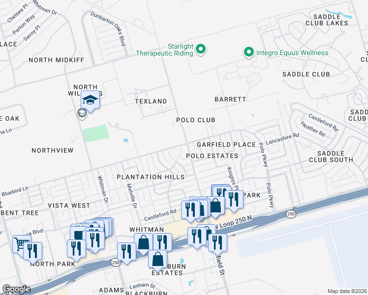 map of restaurants, bars, coffee shops, grocery stores, and more near 2108 Bluebird Lane in Midland