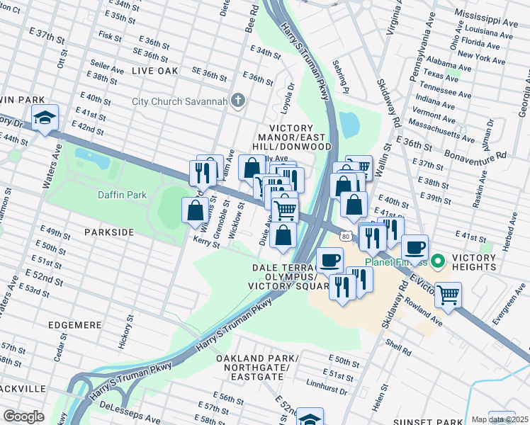 map of restaurants, bars, coffee shops, grocery stores, and more near 1701 East Victory Drive in Savannah