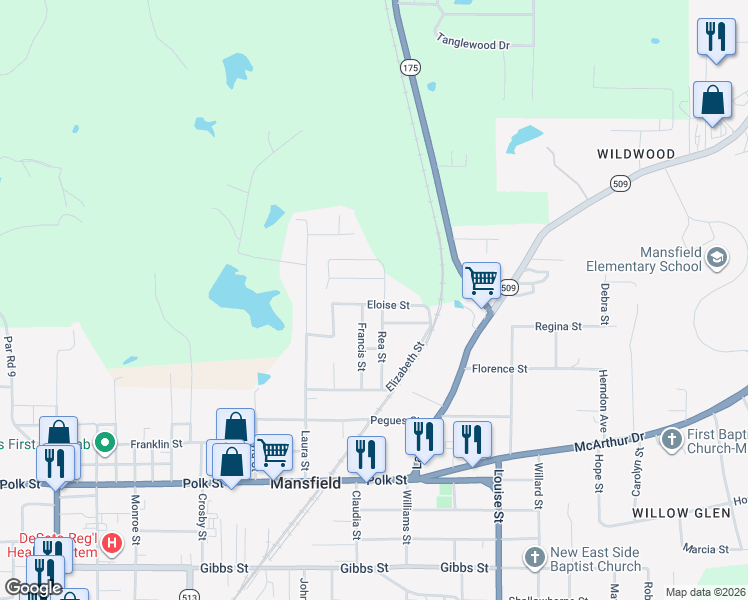 map of restaurants, bars, coffee shops, grocery stores, and more near 1109 Eloise Street in Mansfield