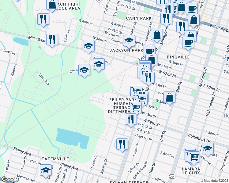 map of restaurants, bars, coffee shops, grocery stores, and more near 706 West 57th Street in Savannah