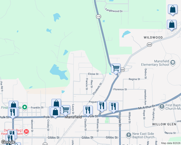 map of restaurants, bars, coffee shops, grocery stores, and more near 1109 Eloise Street in Mansfield