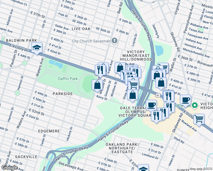 map of restaurants, bars, coffee shops, grocery stores, and more near 1631 East Victory Drive in Savannah