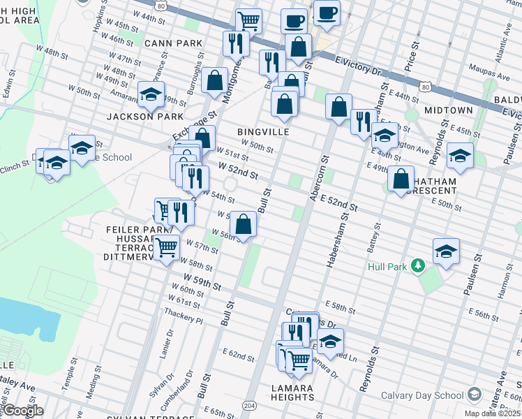 map of restaurants, bars, coffee shops, grocery stores, and more near Bull St & E 54th St in Savannah