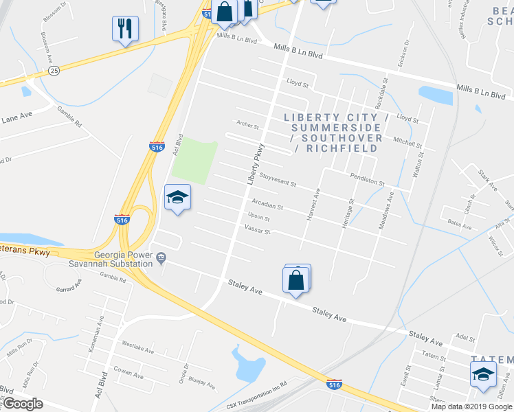 map of restaurants, bars, coffee shops, grocery stores, and more near 1831 Arcadian Street in Savannah