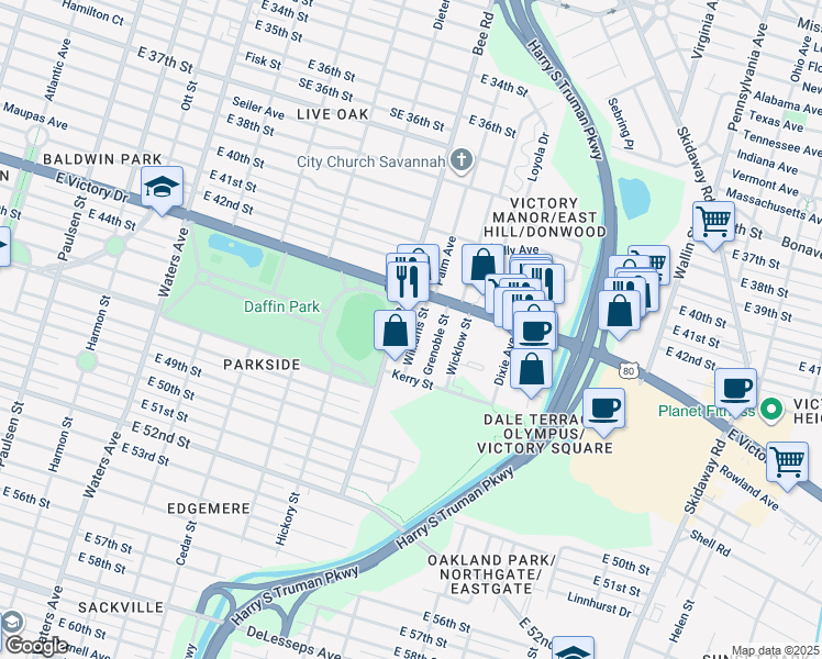 map of restaurants, bars, coffee shops, grocery stores, and more near 2815 Williams Street in Savannah