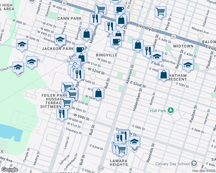 map of restaurants, bars, coffee shops, grocery stores, and more near 2 East 54th Street in Savannah