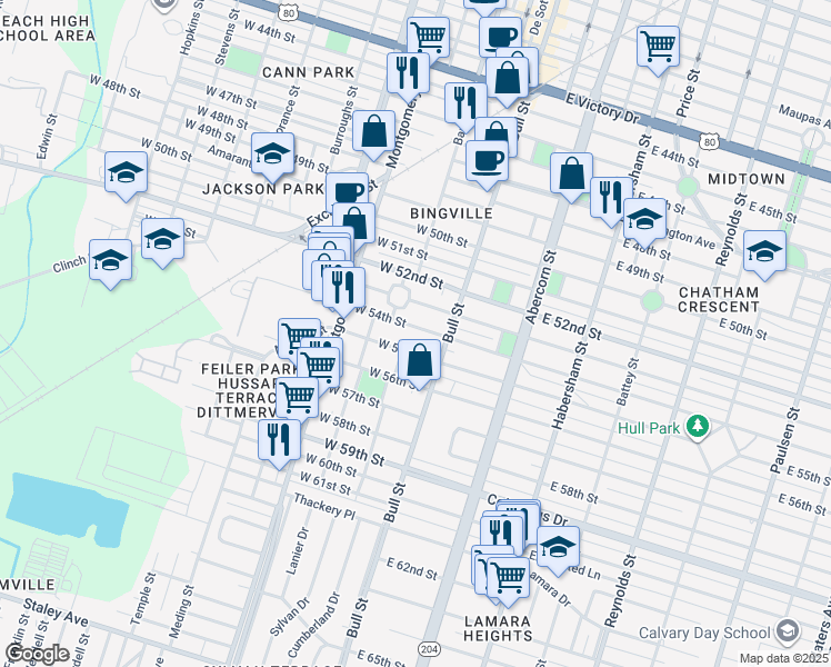 map of restaurants, bars, coffee shops, grocery stores, and more near 21 West 54th Street in Savannah