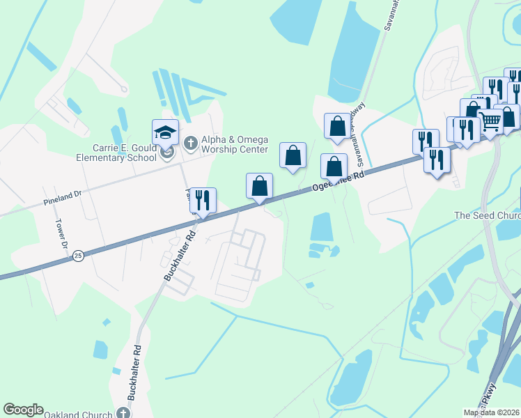 map of restaurants, bars, coffee shops, grocery stores, and more near 4707 Ogeechee Road in Savannah