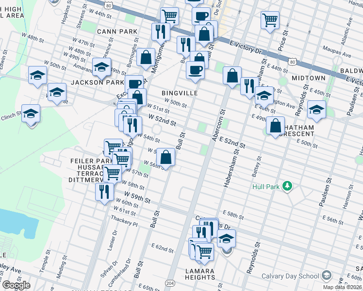 map of restaurants, bars, coffee shops, grocery stores, and more near 2 East 54th Street in Savannah