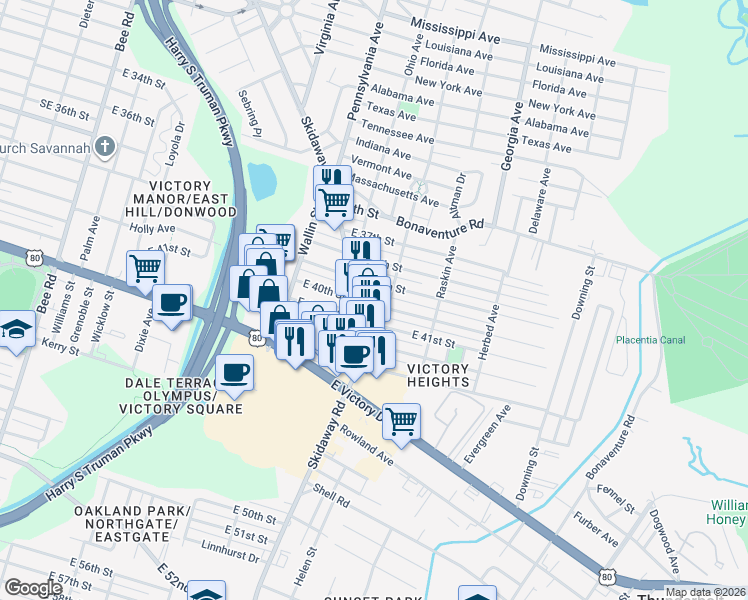 map of restaurants, bars, coffee shops, grocery stores, and more near 2120 East 40th Street in Savannah