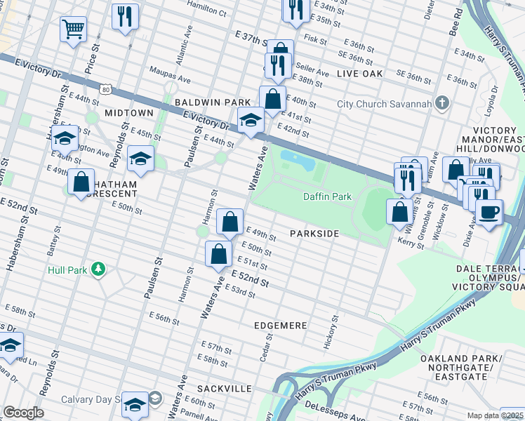 map of restaurants, bars, coffee shops, grocery stores, and more near 1117 Washington Avenue in Savannah