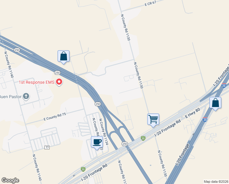 map of restaurants, bars, coffee shops, grocery stores, and more near 3409 North County Road 1130 in Midland