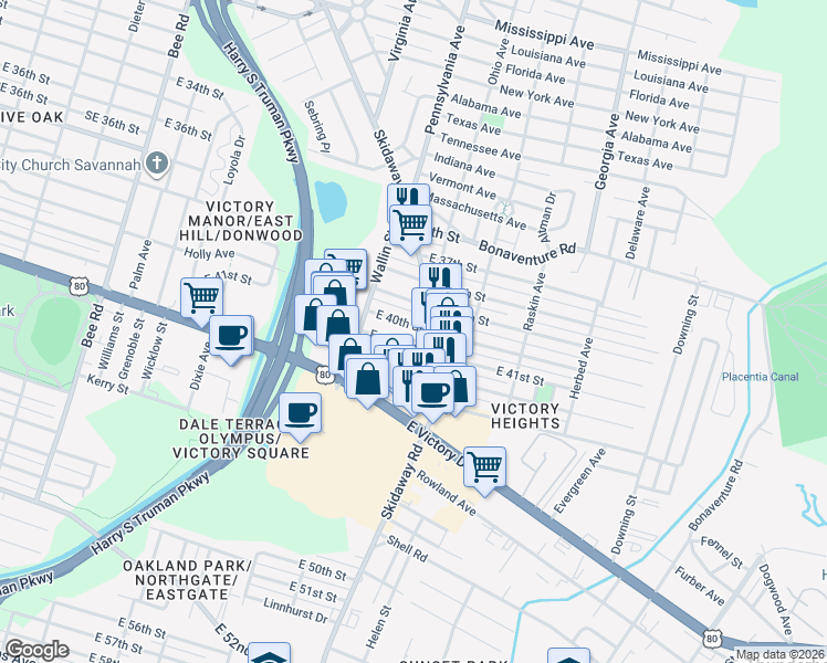 map of restaurants, bars, coffee shops, grocery stores, and more near 2053 East 40th Street in Savannah