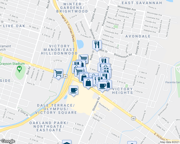 map of restaurants, bars, coffee shops, grocery stores, and more near 2008 East 41st Street in Savannah