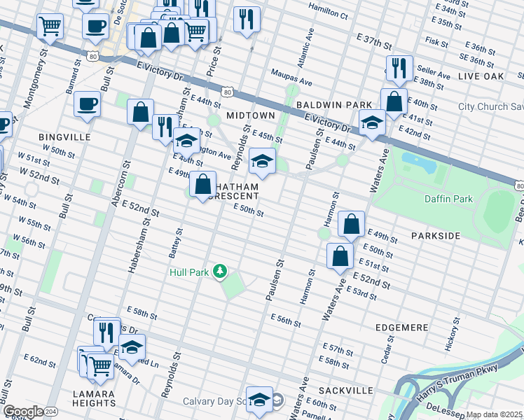 map of restaurants, bars, coffee shops, grocery stores, and more near 504 East 50th Street in Savannah
