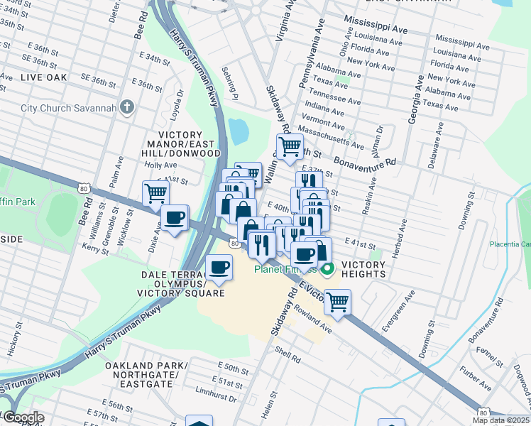map of restaurants, bars, coffee shops, grocery stores, and more near 2006 East 41st Street in Savannah