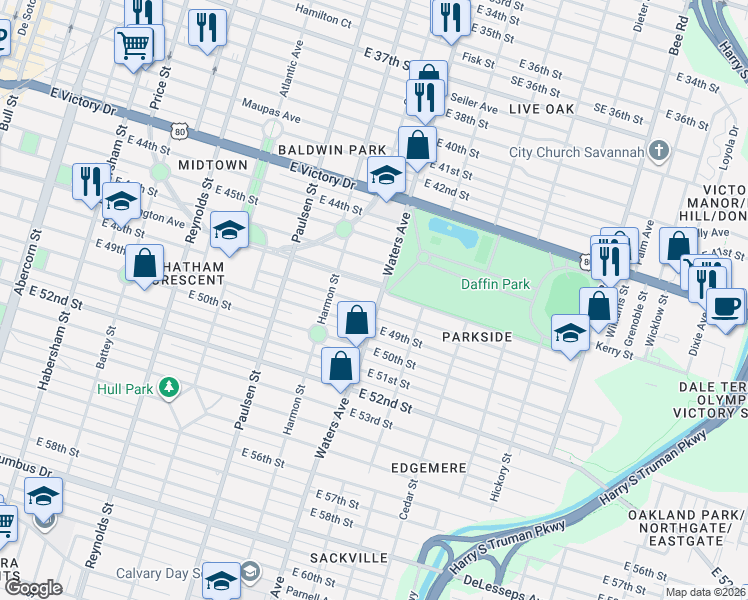 map of restaurants, bars, coffee shops, grocery stores, and more near 3107 Waters Avenue in Savannah