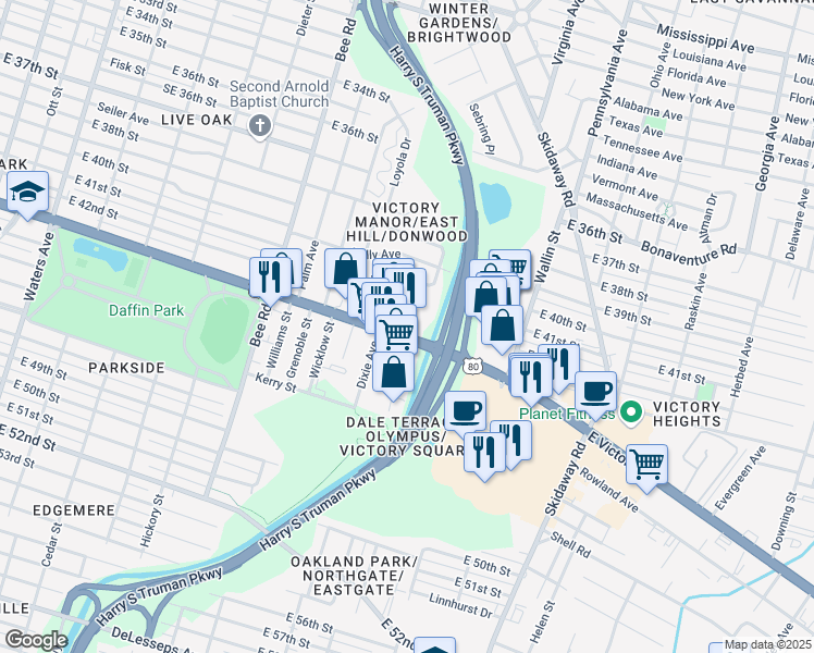 map of restaurants, bars, coffee shops, grocery stores, and more near 2 Victory Manor Place in Savannah