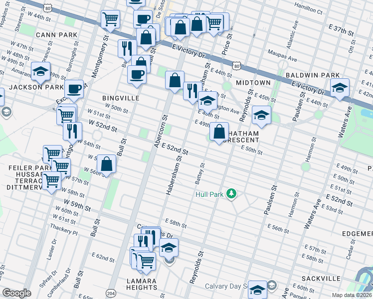 map of restaurants, bars, coffee shops, grocery stores, and more near 216 East 52nd Street in Savannah
