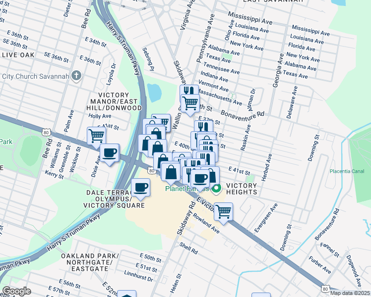 map of restaurants, bars, coffee shops, grocery stores, and more near 2025 East 40th Street in Savannah
