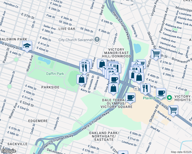 map of restaurants, bars, coffee shops, grocery stores, and more near 1631 East Victory Drive in Savannah
