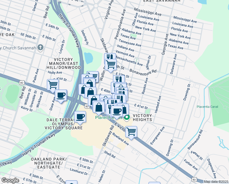 map of restaurants, bars, coffee shops, grocery stores, and more near 2053 East 40th Street in Savannah