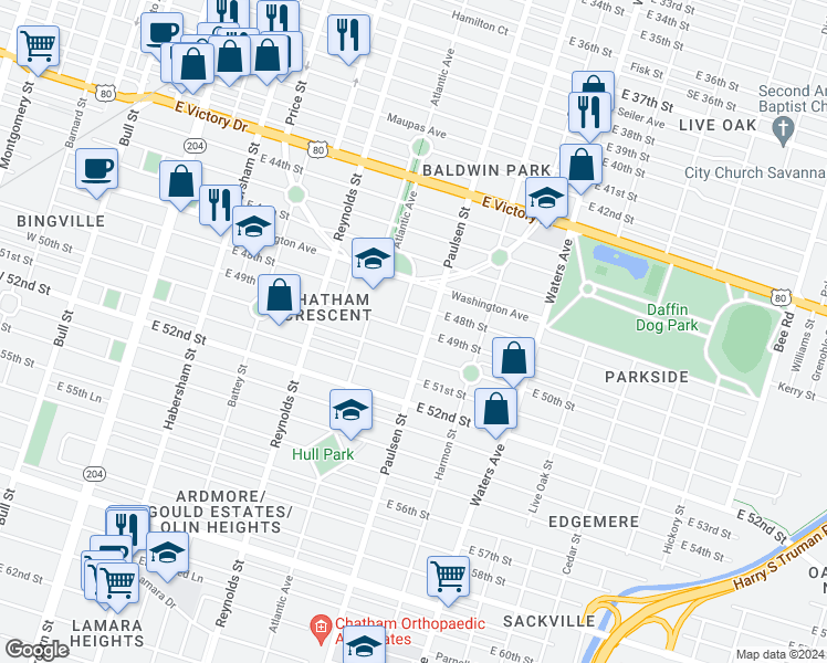 map of restaurants, bars, coffee shops, grocery stores, and more near 523 East 49th Street in Savannah