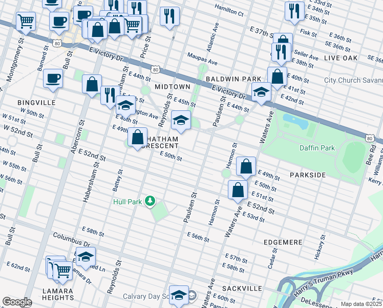 map of restaurants, bars, coffee shops, grocery stores, and more near 523 East 49th Street in Savannah