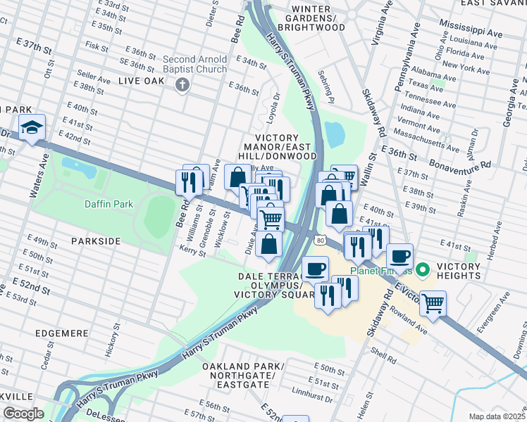 map of restaurants, bars, coffee shops, grocery stores, and more near 2 Victory Manor Place in Savannah