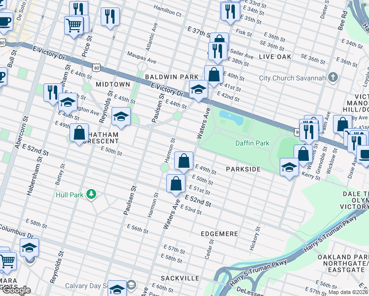 map of restaurants, bars, coffee shops, grocery stores, and more near 734 East 48th Street in Savannah