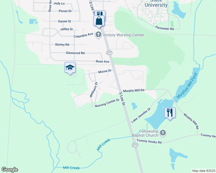 map of restaurants, bars, coffee shops, grocery stores, and more near 1022 Pineywoods Drive in Americus